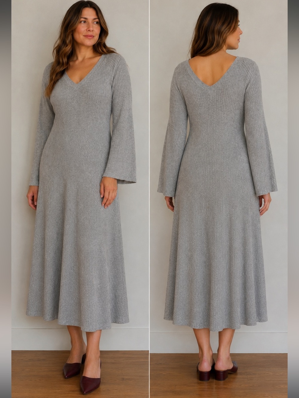 J.Crew Chunky Ribbed Sweater Dress Grey Flare Sleeve Fall Winter Classic Size XL